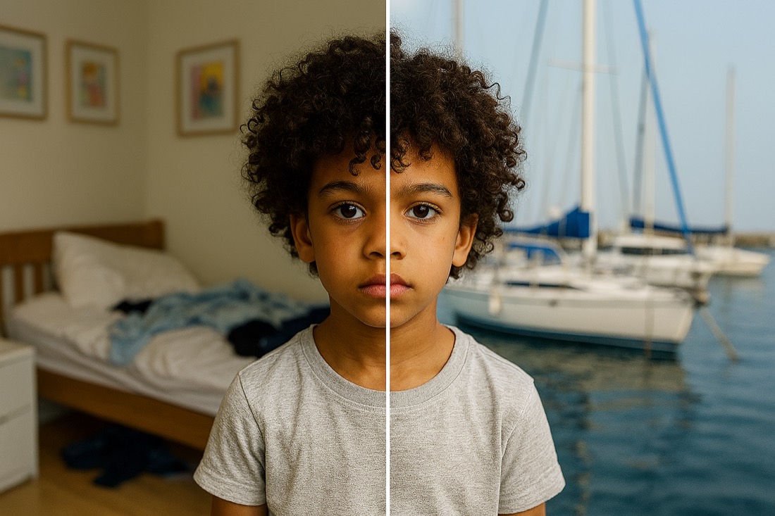 A photo with its background replaced by a new AI-generated scene