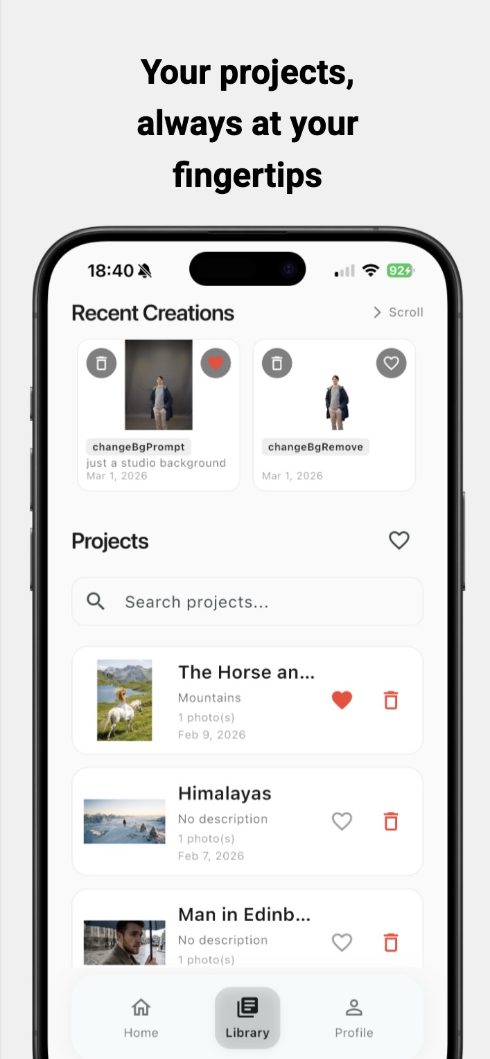 PerfectAiStudio library screen showing recent creations and saved projects